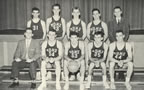 Senior Basketball; Back Row -- Left to Right -- Ed Gray, Gerry Burke, Ernie Armstrong, Terry Lunau, Bruce Petrie.  Front Row -- Mr. Barnhardt, Ron Jones, John Leishman, Bill DeGuerre, Bob Graham. (62kb)